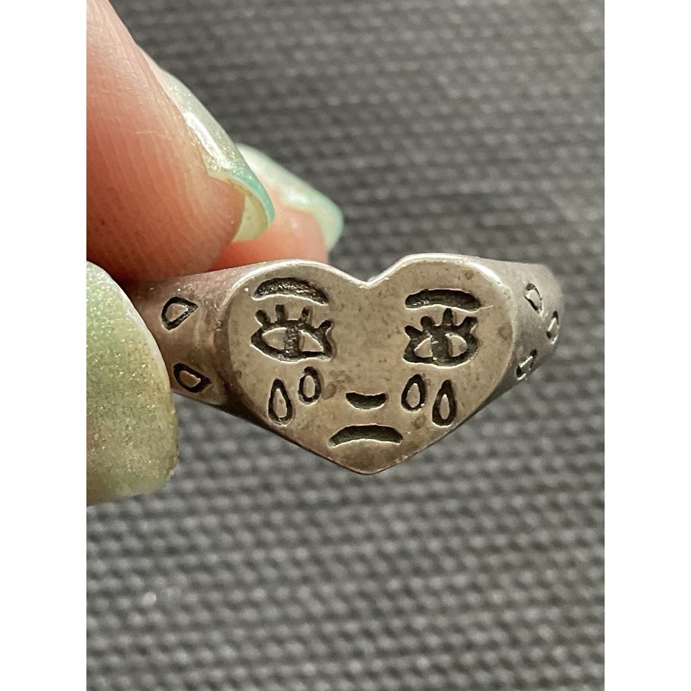 925 Sterling Silver Sad Crying Face Heart Emoji Ring Size 8.5 Open Back